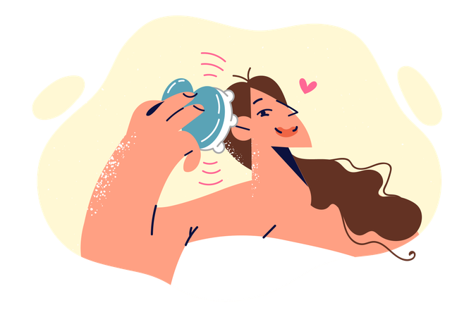 Woman uses head massager after getting out of shower to relieve cranial pressure and stress  Illustration