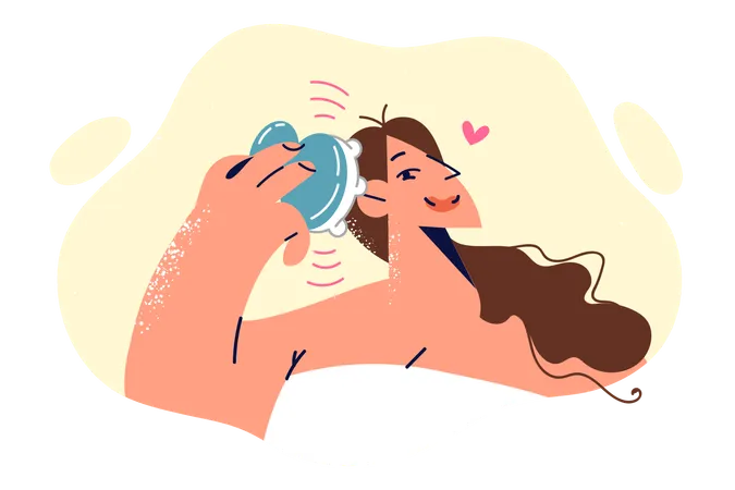 Woman uses head massager after getting out of shower to relieve cranial pressure and stress  Illustration