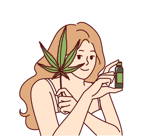 Woman uses hemp oil for skin care and fighting acne on face and holds marijuana leaf  イラスト