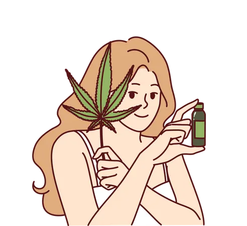 Woman Uses Hemp Oil For Skin Care And Fighting Acne Or Wrinkles On Face And Holds Marijuana Leaf In Hand Girl Recommends Hemp Cosmetic Product For Anti Aging Concept Of Weed For Medical Purposes イラスト