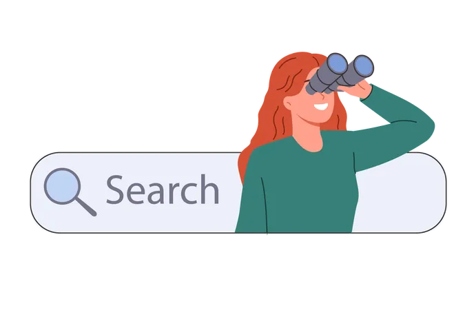 Woman uses internet search for educational research and standing with binoculars in hands near search bar  Illustration