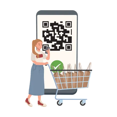 Cashless Payment Concept Digital Shopping Convenience Woman Uses Mobile Phone For Internet Banking Illustration
