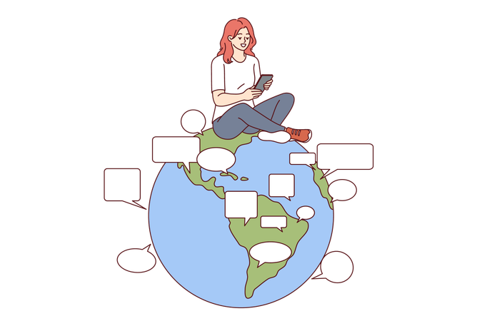 Woman uses online translator in mobile phone to communicate in different languages sitting on globe  Illustration