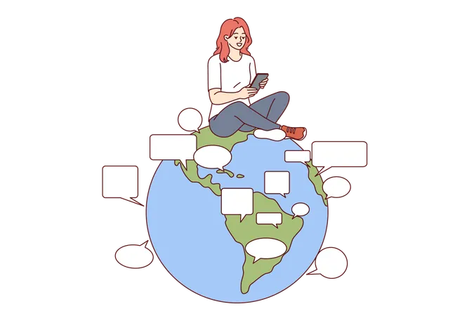 Woman uses online translator in mobile phone to communicate in different languages sitting on globe  Illustration