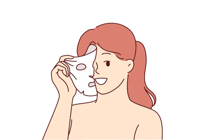 Woman Uses Rejuvenating Face Mask Following Advice Cosmetologist Who Recommended Getting Rid Of Wrinkles Girl With Bare Shoulders Does Rejuvenating Procedures To Restore Firmness And Purity Of Skin Illustration