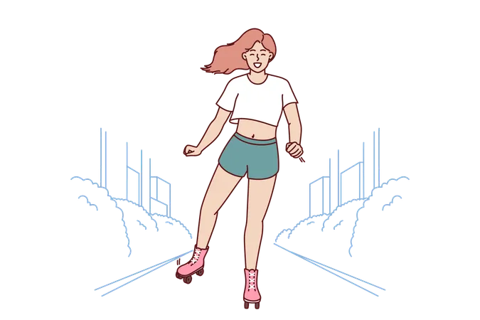 Woman Uses Roller Skates To Ride Around City And Breathe Fresh Air On Hot Summer Day Young Girl Enjoys Walk And Moves Through Streets On Roller Skates To Give Up Gasoline Transport Illustration