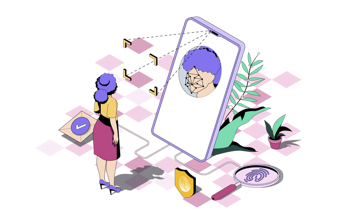 Woman uses secure access with face recognition  Illustration