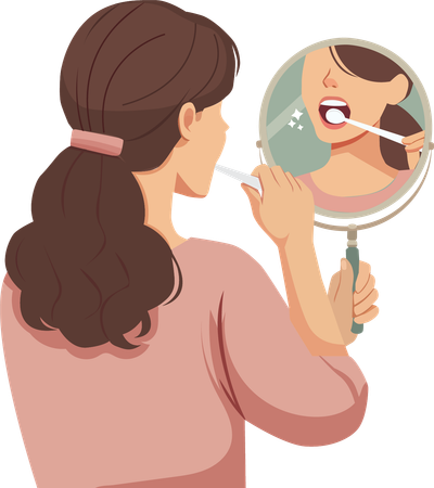 Woman uses small mirror to look at her teeth  Illustration