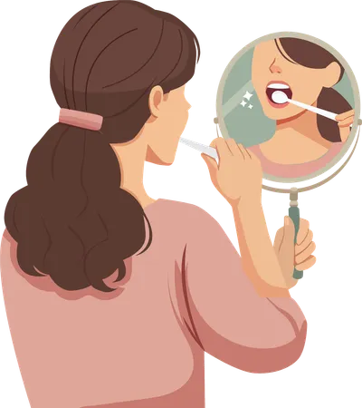 Woman uses small mirror to look at her teeth  Illustration