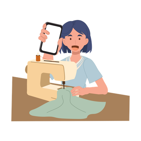 Woman uses smartphone for sewing guidance while working on fabric  Illustration