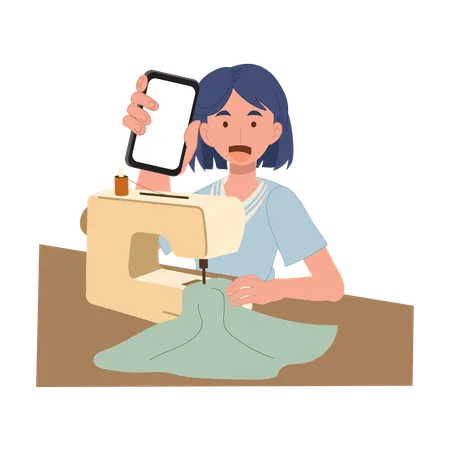 Woman uses smartphone for sewing guidance while working on fabric  Illustration