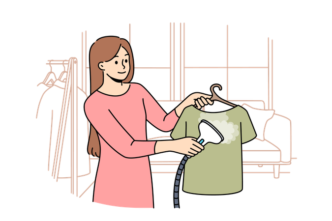 Woman uses steam iron to treat clothes after washing and avoid wrinkles  Illustration