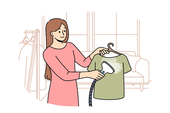 Woman uses steam iron to treat clothes after washing and avoid wrinkles  Illustration
