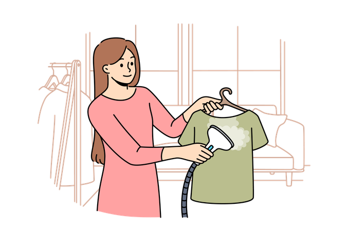 Woman uses steam iron to treat clothes after washing and avoid wrinkles  일러스트레이션