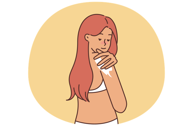 女性は夏の晴れた日にビーチやプールに行く前に日焼け止めを塗る  イラスト