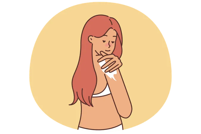 女性は夏の晴れた日にビーチやプールに行く前に日焼け止めを塗る  イラスト