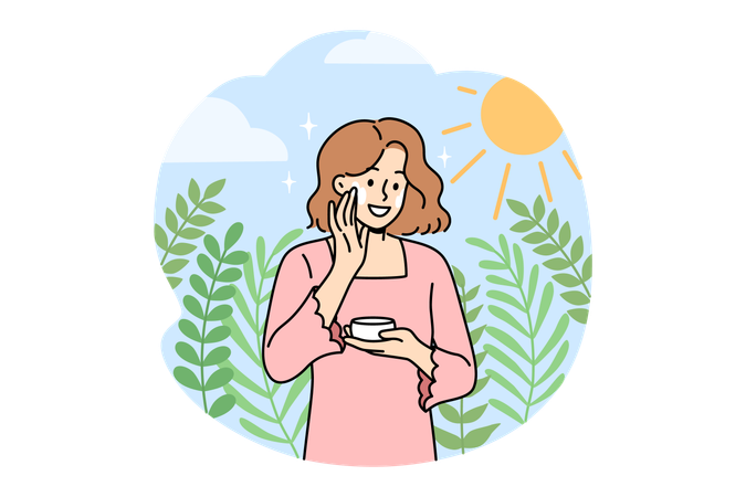 Woman uses sunscreen to protect face from sunburn and avoid negative effects of sun rays  Illustration