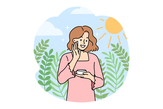 Woman uses sunscreen to protect face from sunburn and avoid negative effects of sun rays  Illustration