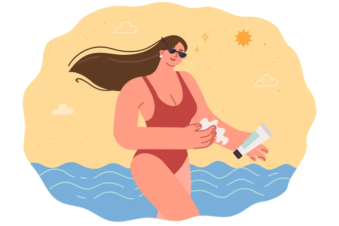 Woman uses sunscreen walking along beach in swimsuit and protecting skin from uv radiation  Illustration