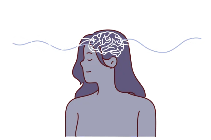 Woman uses telepathy posing with waves spreading from brain to exchange information remotely  Illustration