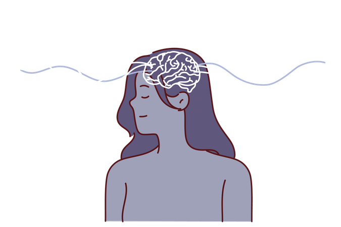 Woman uses telepathy posing with waves spreading from brain to exchange information remotely  Illustration