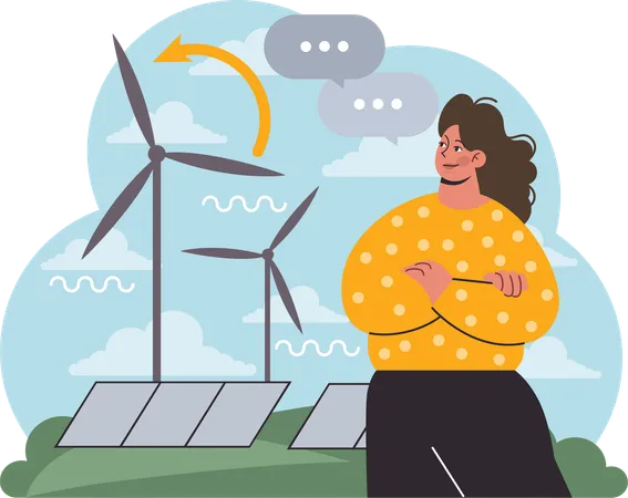 Woman uses wind power  Illustration