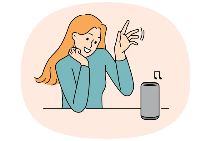 Woman uses wireless speaker with voice control to communicate with virtual interlocutor  Illustration
