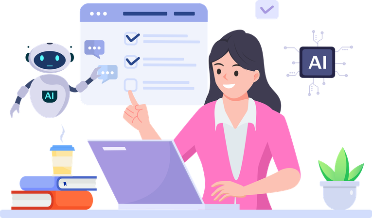 Woman using a laptop computer chatting with an artificial intelligence asks for the answers  Illustration