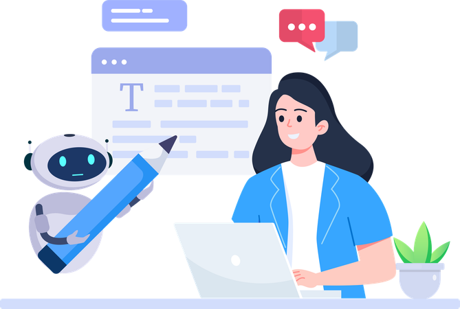 Woman using a laptop computer chatting with an artificial intelligence asks for the answers  Illustration