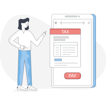 Woman using a smartphone to complete her tax payment  Illustration