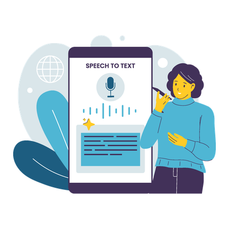 Woman Using AI Speech to Text Feature on Mobile Application  Illustration