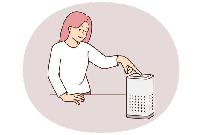 空気清浄機を使用する女性が、酸素を浄化するフィルター付きの電子機器をオンにする  イラスト