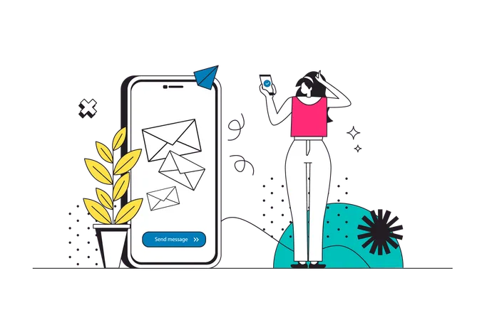 Mobile Email Service Outline Web Concept In Modern Flat Line Design Woman Using App For Sending Digital Mails Managing Online Correspondence And Incoming Spam In Application Vector Illustration Illustration
