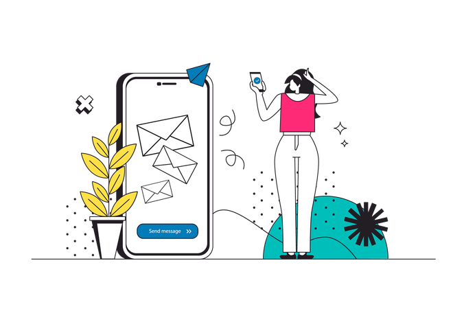 Woman using app for sending digital mails  Illustration