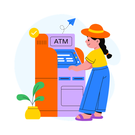 Woman Using Atm Machine  Illustration