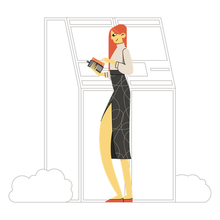 Woman using bank ATM  イラスト