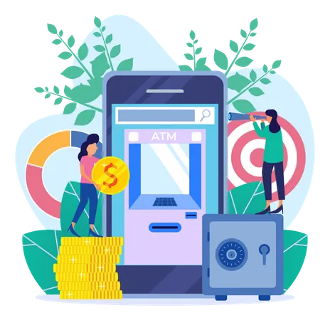 Woman using bank ATM services through mobile  Illustration
