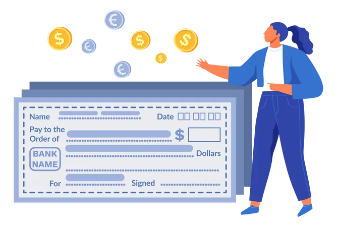 Woman using bank cheque  for fund transfer Illustration