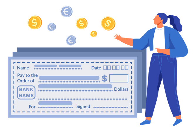 Woman using bank cheque  for fund transfer  Illustration