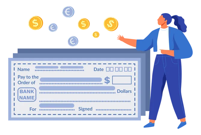 Woman using bank cheque  for fund transfer  Illustration