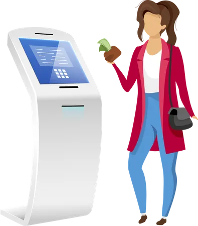 Woman Using Bank Terminal Flat Color Vector Faceless Character Girl With Money Near Automated Teller Machine Isolated Cartoon Illustration On White Background Cash Self Service Equipment Illustration