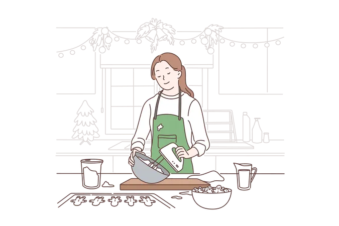 Christmas Celebration Preparation Waiting Winter Holidays And New Year Mood Concept Housewife Baking Gingerbreads Woman Cooking Traditional Xmas Cookies Recipe Simple Flat Vector Illustration