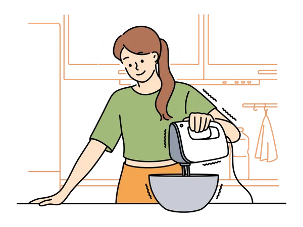 Woman using beater to mix in bowl  Illustration