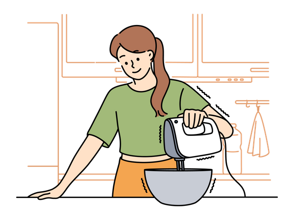 Woman using beater to mix in bowl  Illustration