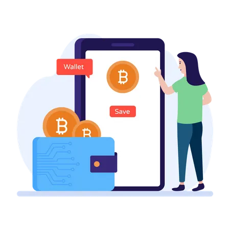 Woman using bitcoin wallet  Illustration