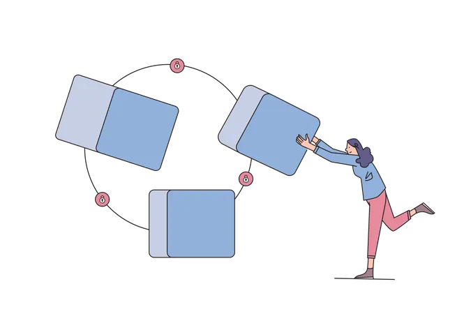 Woman using blockchain technology Illustration