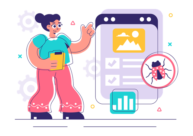 Woman using bug tracking tool  Illustration