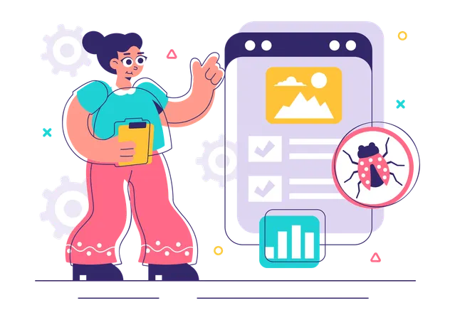 Woman using bug tracking tool  Illustration