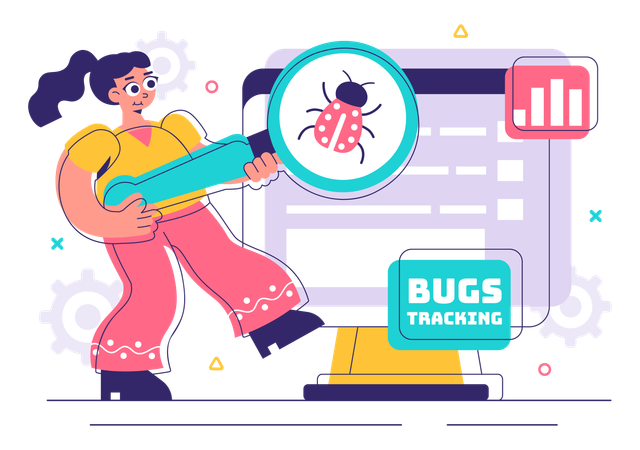 Woman using bug tracking tool  Illustration