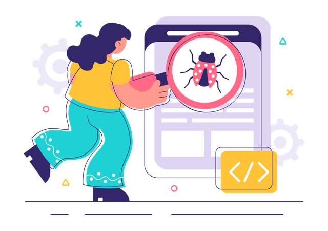 Woman using bug tracking tool  Illustration